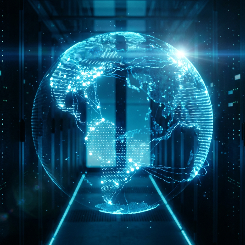Glowing digital globe showing global connectivity centered in a dark server room aisle.