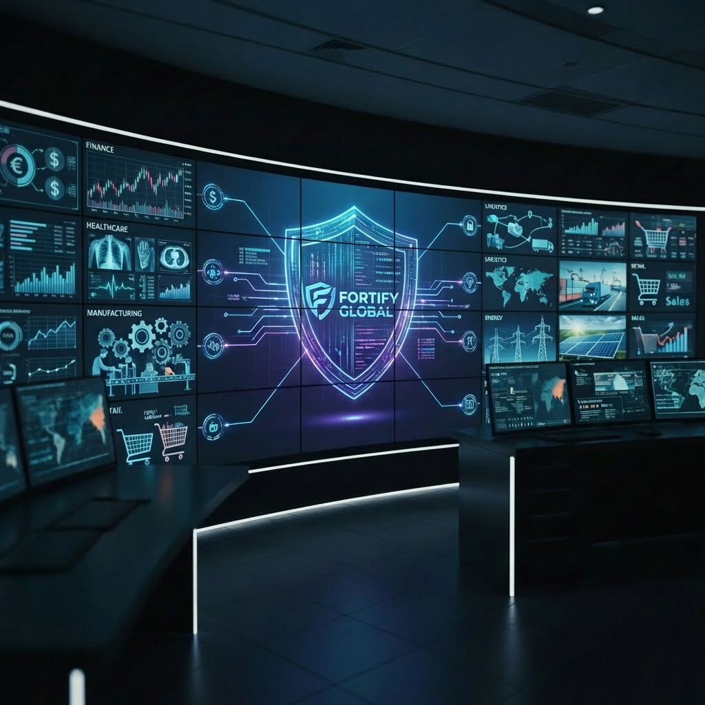 A large, high-resolution digital world map displayed across a curved wall of security monitors, each screen showing live network diagrams, risk dashboards, and threat heatmaps in refined blues, teals, and muted oranges. The scene is set in a darkened, minimalist operations room with glossy black surfaces and discreet LED accent strips along the floor. Controlled, dim overhead lighting keeps the room subdued while the screens cast a cool glow, creating soft reflections on nearby metal and glass. Shot from a slightly elevated angle with the central screens in perfect focus and the periphery fading into gentle blur, the photographic image feels analytical, strategic, and highly professional, emphasizing global situational awareness and proactive risk management.