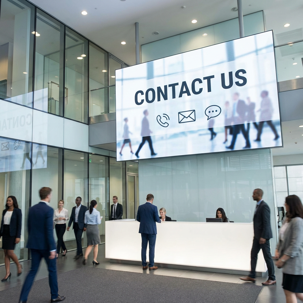 Large digital screen in a busy office lobby reading CONTACT US with communication icons.